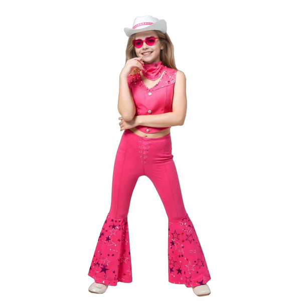 Girl wearing Barbie cowgirl costume – pink outfit, hat and sunglasses