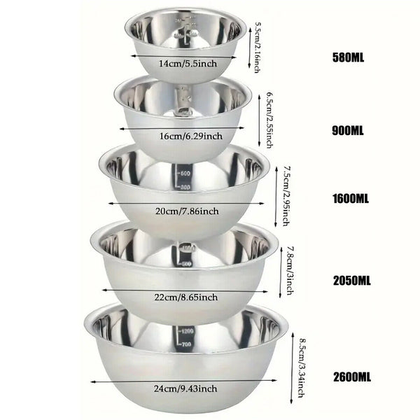 5PCS Stainless Steel Bowl Polished Round Mixing Bowl Salad Baking Basin Silvery