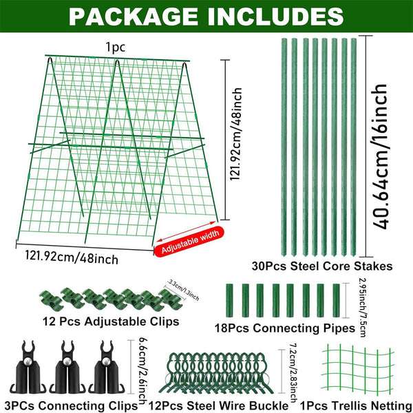 Metal Garden Trellis Climbing Frame Set for Raised Beds – Detachable A Frame Plant Support with Mesh and Clips