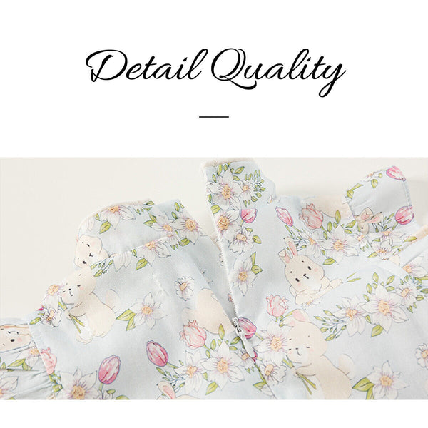Summer Girls Cheongsam Dress | Stand Collar Flying Sleeve Rabbit Print Qipao