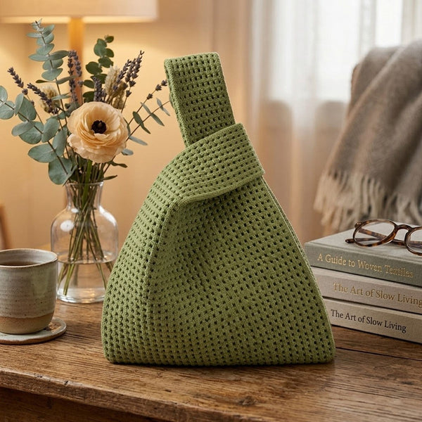 Hollow Knit Handbag Set 5 Pack Green Knot Closure Soft Hollow Knit Daily Carry