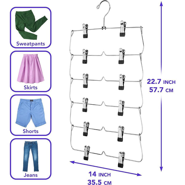 2PCS 6 Tier Skirt Hangers with Clips Multi Layer Pants Hangers Space Saving Closet Organiser