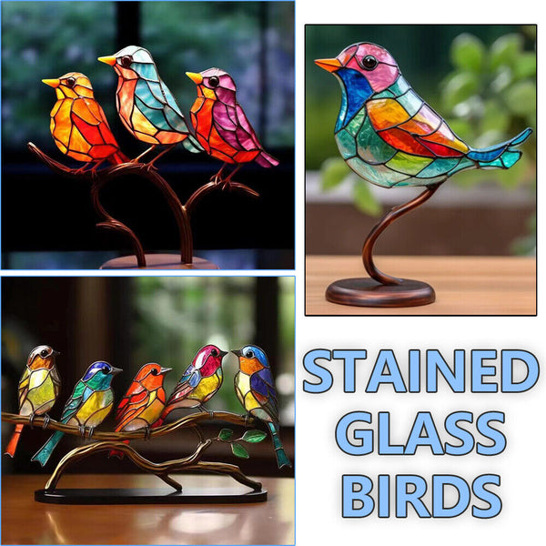 Birds-On-Branch Ornaments Table Home Decor Stained Metal Window Panel Suncatcher
