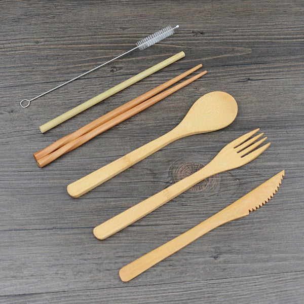 7PCS Reusable Bamboo Cutlery Set Eco Friendly Camping Travel Fork Kit Portable A
