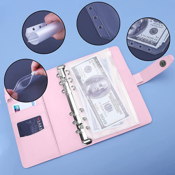 PU Leather Notebook Binder Pink A6 Budget Planner Organizer Cover Pockets Sheets