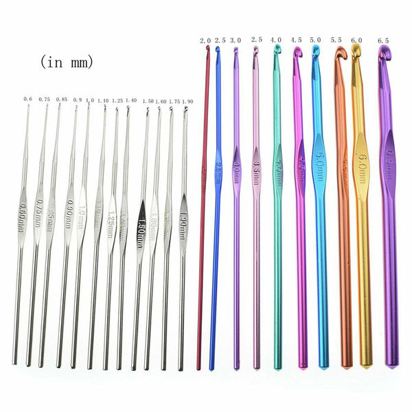 12/22 Size Multi Coloured Aluminium Crochet Hook Yarn Knitting Needles 2-8mm Set