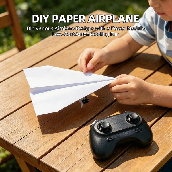 Kid folding a DIY paper airplane on a table with RC power kit and remote control - Lets Party
