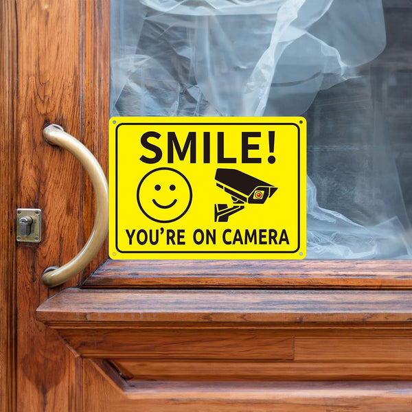 4pcs “Smile You’re on Camera” Metal Sign | Security Warning CCTV Wall Signs