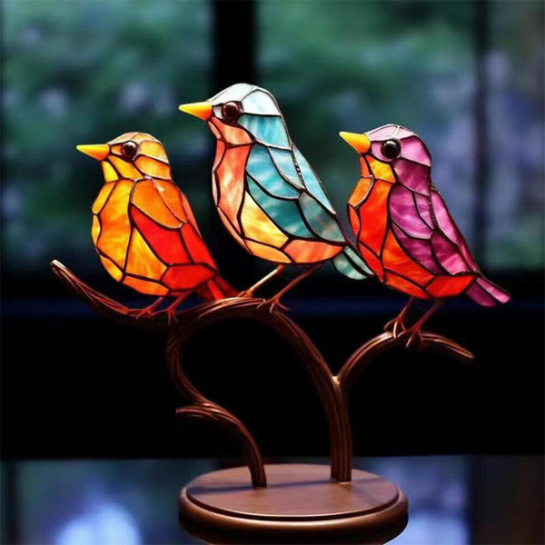 Birds-On-Branch Ornaments Table Home Decor Stained Metal Window Panel Suncatcher