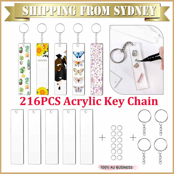 216 PCS Rectangle Acrylic Key Chain Blank Clear Keyring KeyChain Pendant DIY Kit