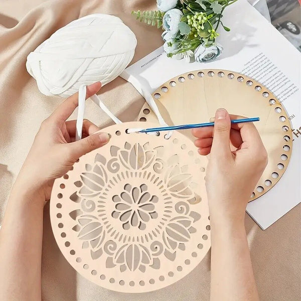 12pcs Wooden Crochet Basket Base 14cm | Round Flower Hollow DIY Handbag Bottom