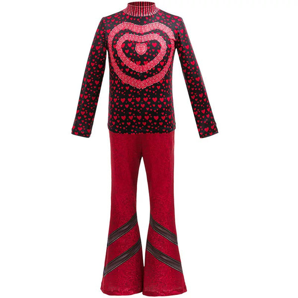 Red heart print long sleeve top with red flared pants