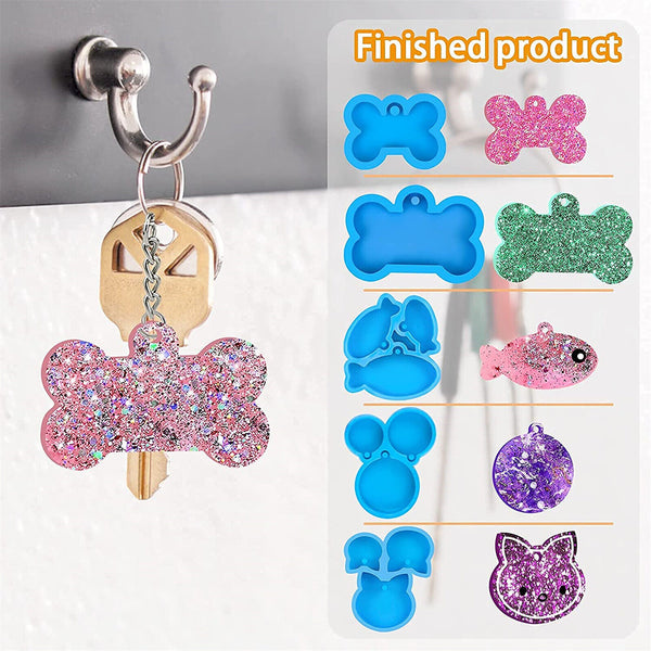 5x Dog Bone Cat Tag Pet Pendant Silicone Resin Molds +10pcs Keychain DIY Tool AU