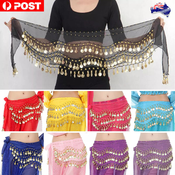 3Rows Belly Dance Dancing Hip Scarf Belt Chain Skirt Golden Tone 98 Coin Bead AU