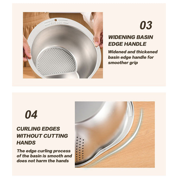 3PCS Stainless Steel Rice Washing Bowl 4-in-1 Colander Strainer