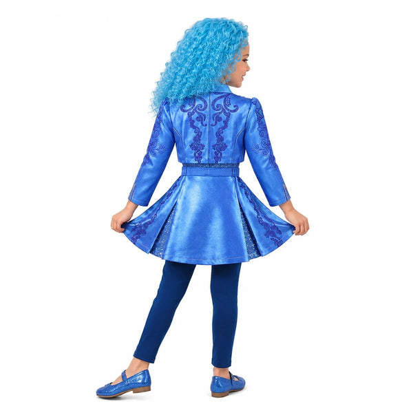 Back view of Descendants Chloe costume jacket with blue embroidery
