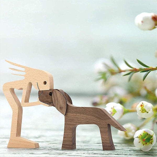 Handmade Wooden Statue, Sitting Woman and Dog, Wood Decor Craft DIY Home Decor