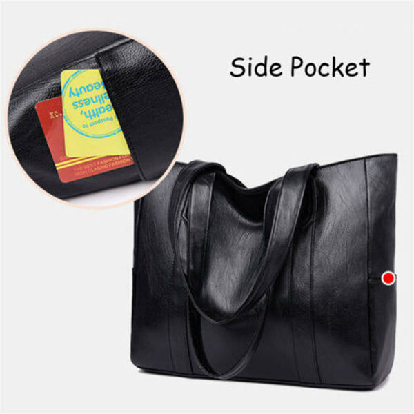 Women PU Leather Handbag Large Capacity Durable Shoulder Tote Bag W Side Pocket