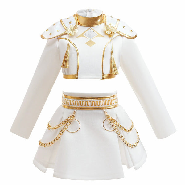KPop Demon Hunters Rumi costume front view - white gold-trimmed top and skirt - Lets Party