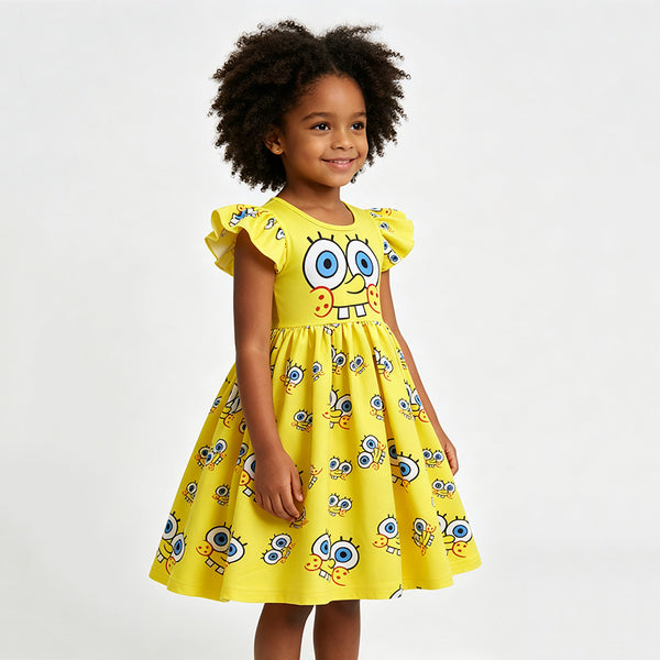 Girl wearing yellow SpongeBob character dress for Book Week dress-up