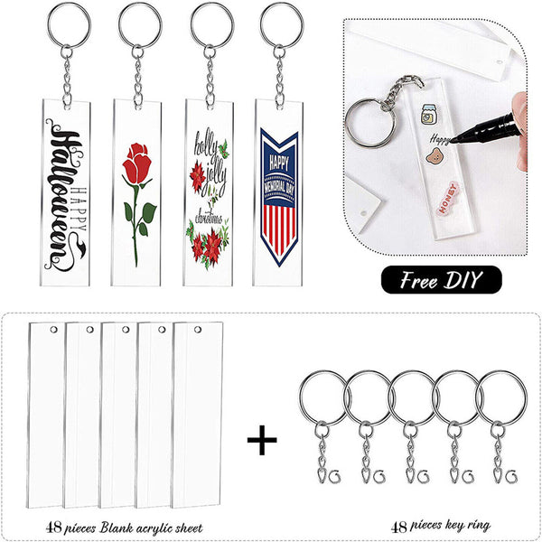216 PCS Rectangle Acrylic Key Chain Blank Clear Keyring KeyChain Pendant DIY Kit