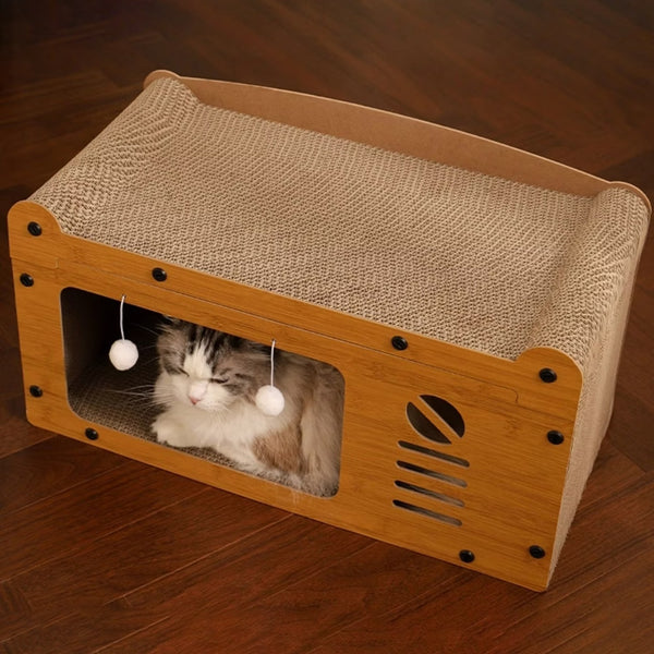 Cat Cardboard House Scratcher Cat Climbing Hideaway Play House with Hanging Ball