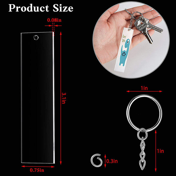 216 PCS Rectangle Acrylic Key Chain Blank Clear Keyring KeyChain Pendant DIY Kit
