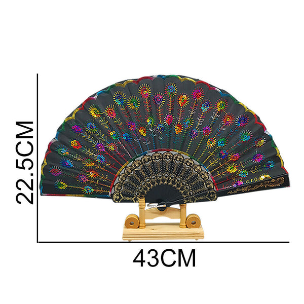 Peacock Hand Fan Sequin for Dance Pattern Wedding Embroidered Folding Party