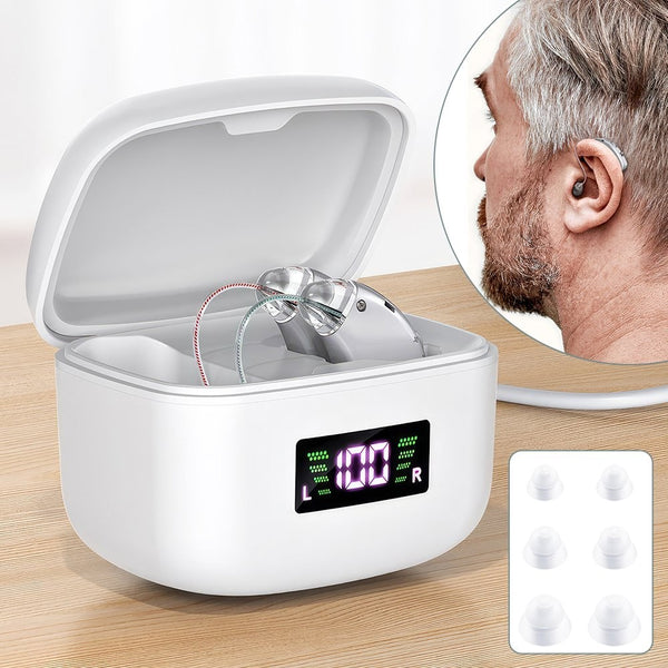 Man wearing discreet rechargeable hearing aid with portable charging case - Lets Party