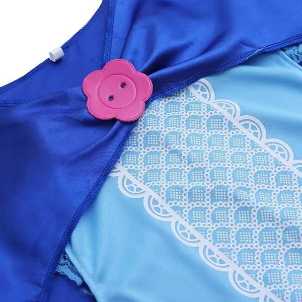 Close up of Bo Peep costume cape collar with pink flower button