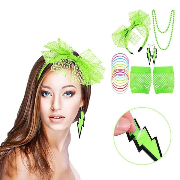 80s Neon Party Accessories Set – Retro Fancy Dress Costume Kit