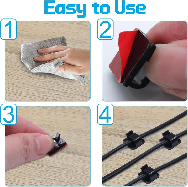 50pcs Black Adhesive Cable Clips | Wire Management Cord Holder Organizer
