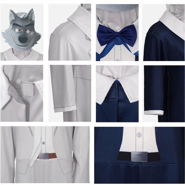 Mr Wolf costume detail collage – wolf mask, bow tie and jumpsuit