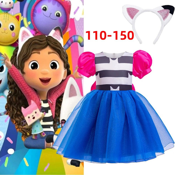 Gabby's Dollhouse costume for kids - Gabby dress with striped bodice, blue tutu and cat-ear headband - Lets Party