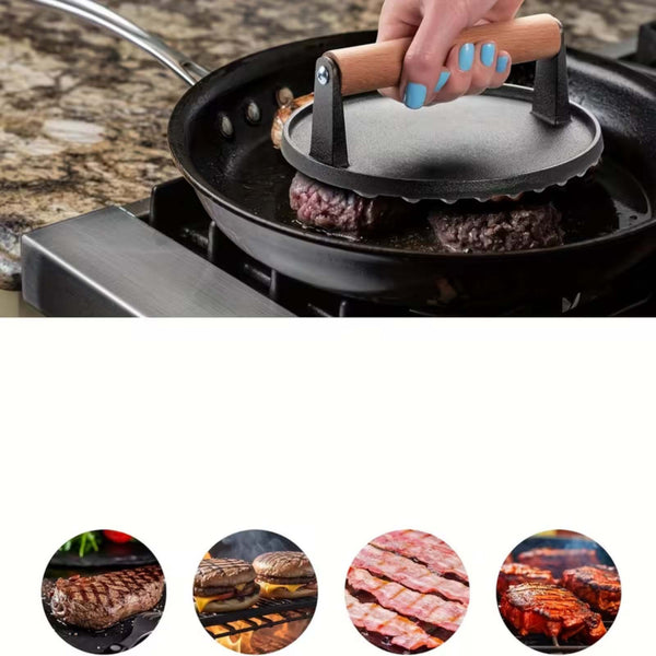 Cast Iron Burger Press with Wooden Handle | BBQ Grill Meat Smasher Patty Maker