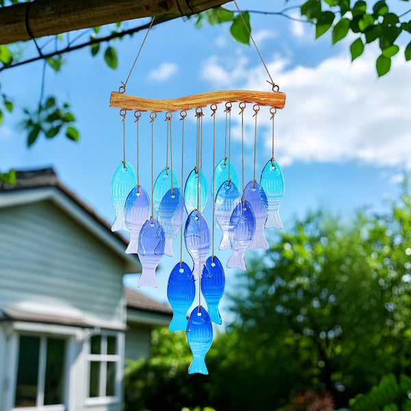 Blue Glass Fish Wind Chime Suncatcher Hanging Garden Patio Outdoor Decor 57CM
