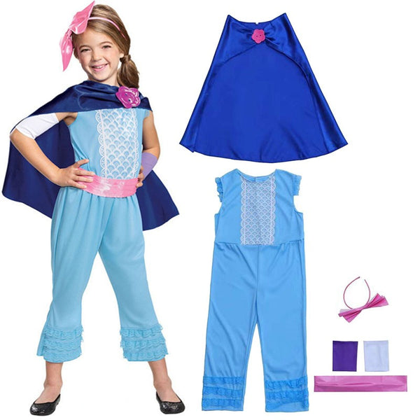 Girl wearing Bo Peep Toy Story costume with jumpsuit cape sash and bow