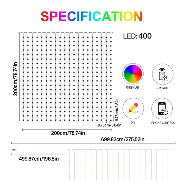 RGB Smart 400 LED Curtain String Light App Programmable DIY Hanging Fairy lamp