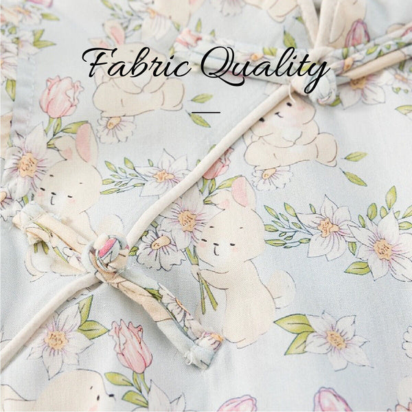 Summer Girls Cheongsam Dress | Stand Collar Flying Sleeve Rabbit Print Qipao