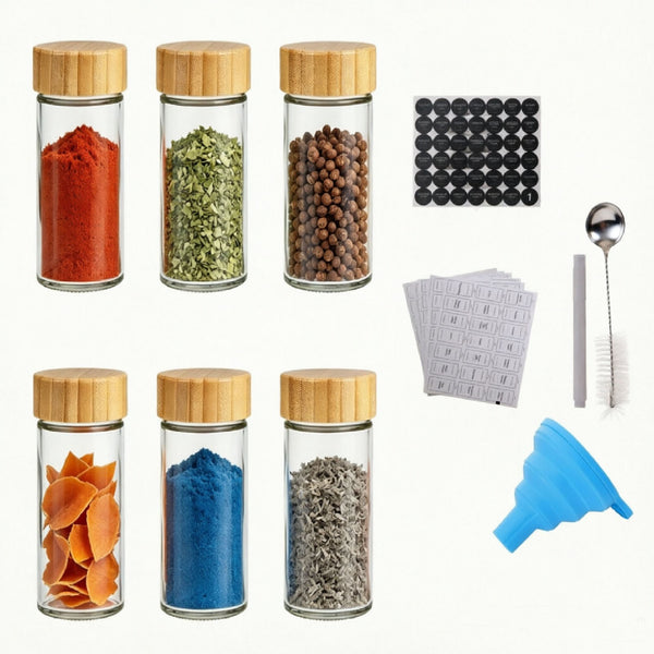 Glass Spice Jars 24 Pack – Airtight Bamboo Lid Spice Jar Set with Labels & Funnel