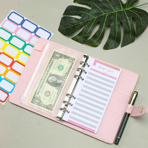 PU Leather Notebook Binder Pink A6 Budget Planner Organizer Cover Pockets Sheets