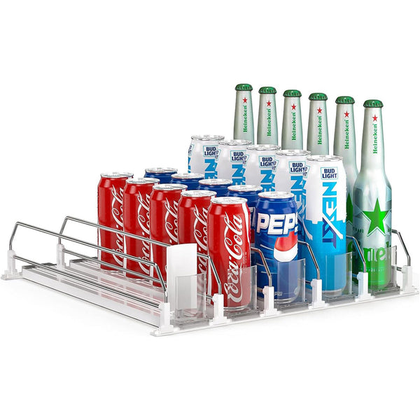 Beverage Pusher Shelf Adjustable Width Soda Can Bottle Pusher for Kitchen Fridge