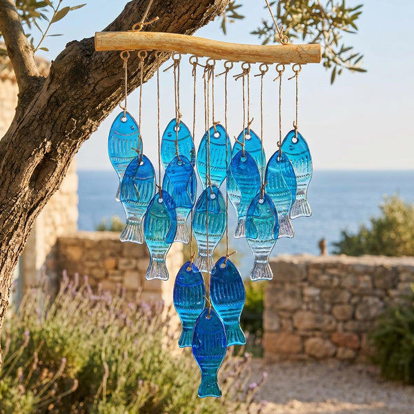 Blue Glass Fish Wind Chime Suncatcher Hanging Garden Patio Outdoor Decor 57CM