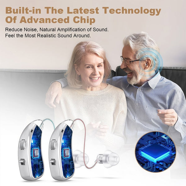 Noise-reducing rechargeable hearing aids with advanced sound chip worn by senior couple - Lets Party