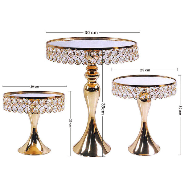 3PCS Gold Mirror Cake Stand Cupcake Holder Crystal Dessert Display Wedding Party