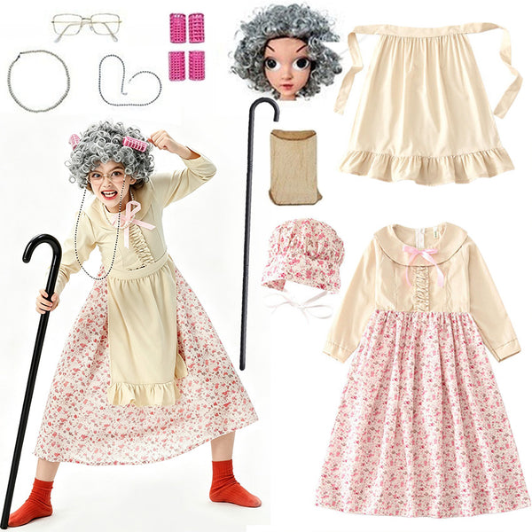 Girl wearing old lady costume - floral granny dress, apron, grey wig, glasses and cane - Lets Party