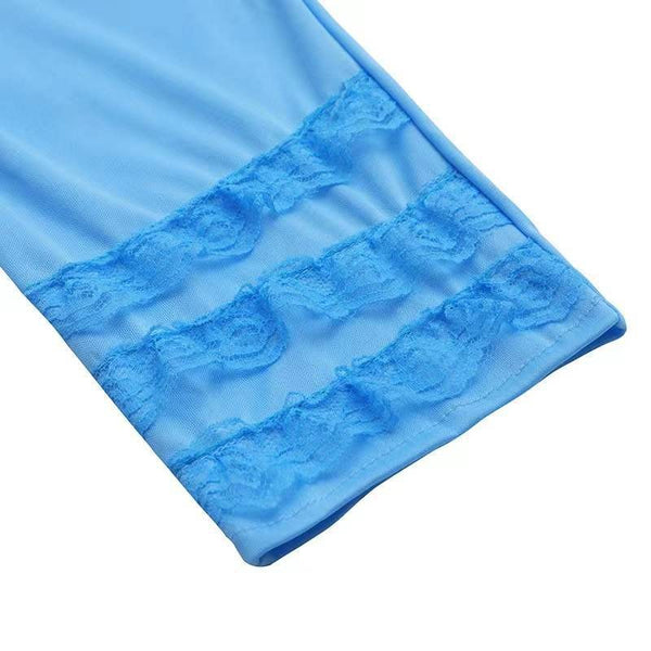 Close up of Bo Peep costume light blue jumpsuit ankle ruffle