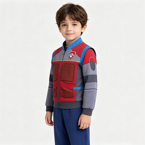 Boy wearing Paw Patrol Ryder jacket with paw badge