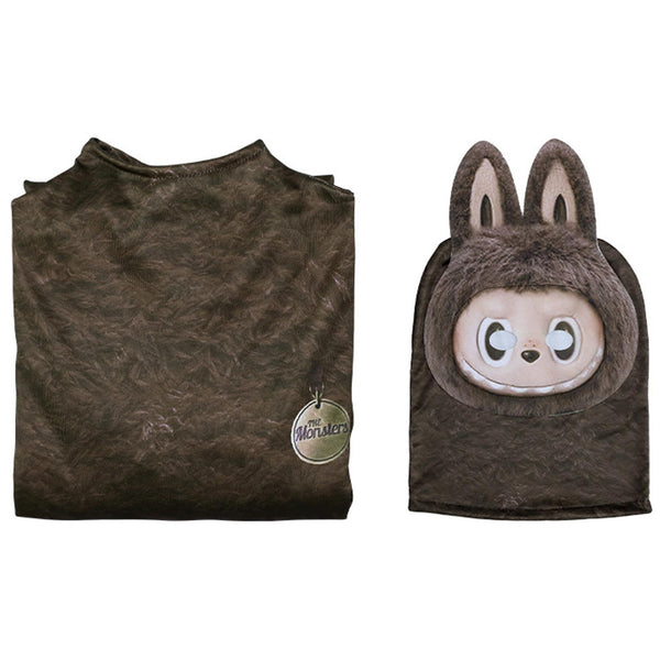 Brown Labubu costume jumpsuit and hood mask flat lay – Pop Mart