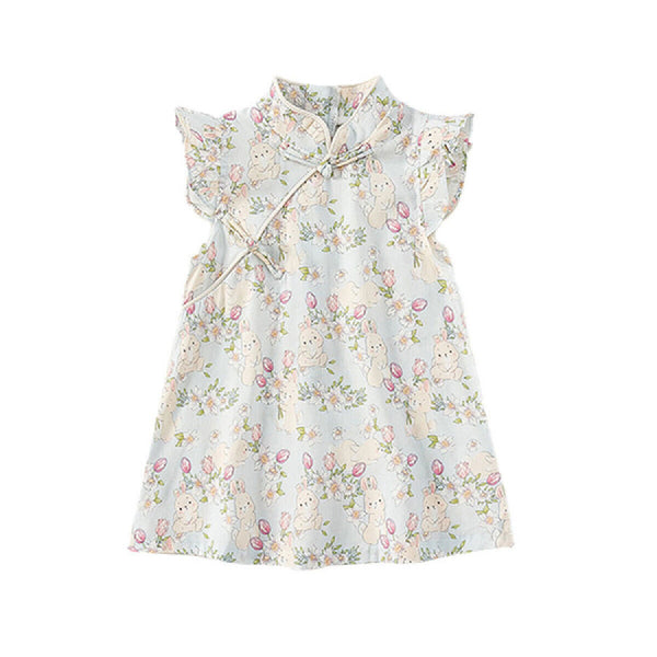 Summer Girls Cheongsam Dress | Stand Collar Flying Sleeve Rabbit Print Qipao